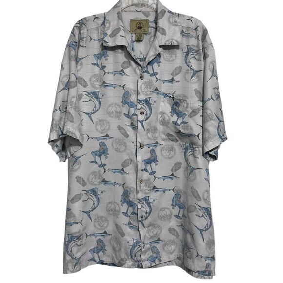 Joe Marlin Shirt Mens XL Gray Blue Marlin Mermaid Print Short Sleeve Button Down - Picture 2 of 14